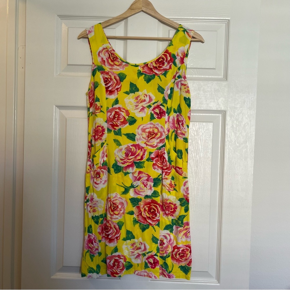 Vintage Jams World Rose Floral Sleeveless Hawaiian Shift Dress Yellow Medium